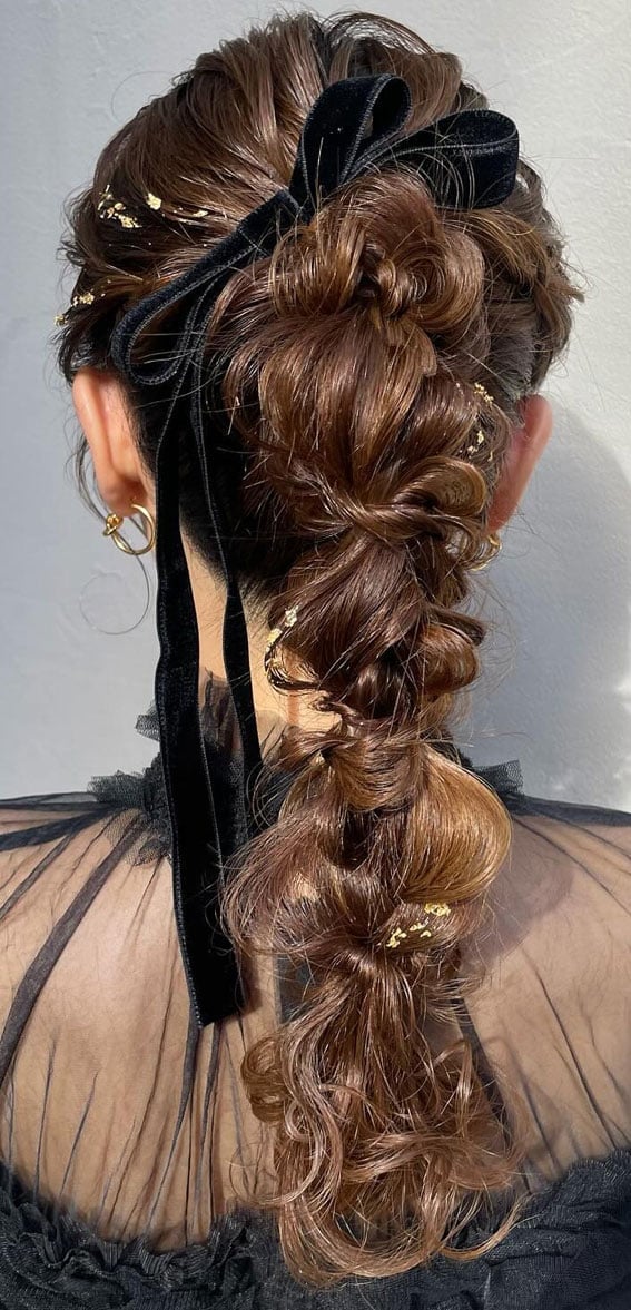 Mid-Back Braided Ponytail With Black Bow — Trendy Ribbon Hair