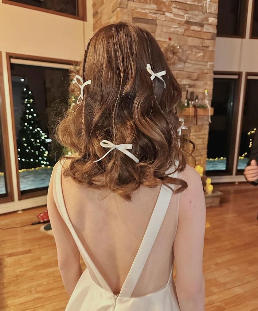 Mid-Back Braids With Small White Bows — Trendy Ribbon Hair