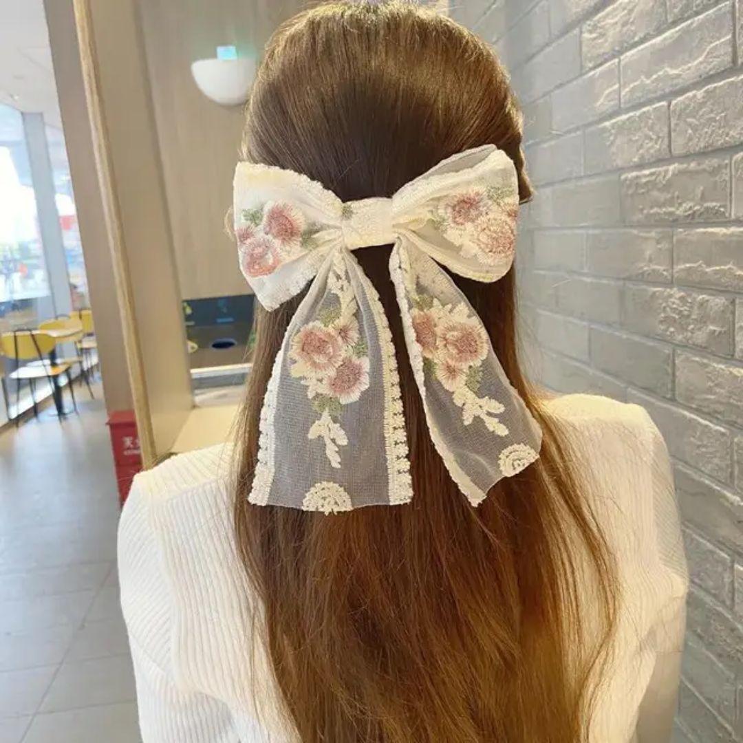 Embroidered Bow Half-Up Style, Mid-Back — Trendy Ribbon Hair