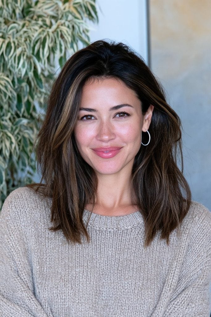 Collarbone Lob With Natural Caramel Highlights — Trendy Rich Brunette