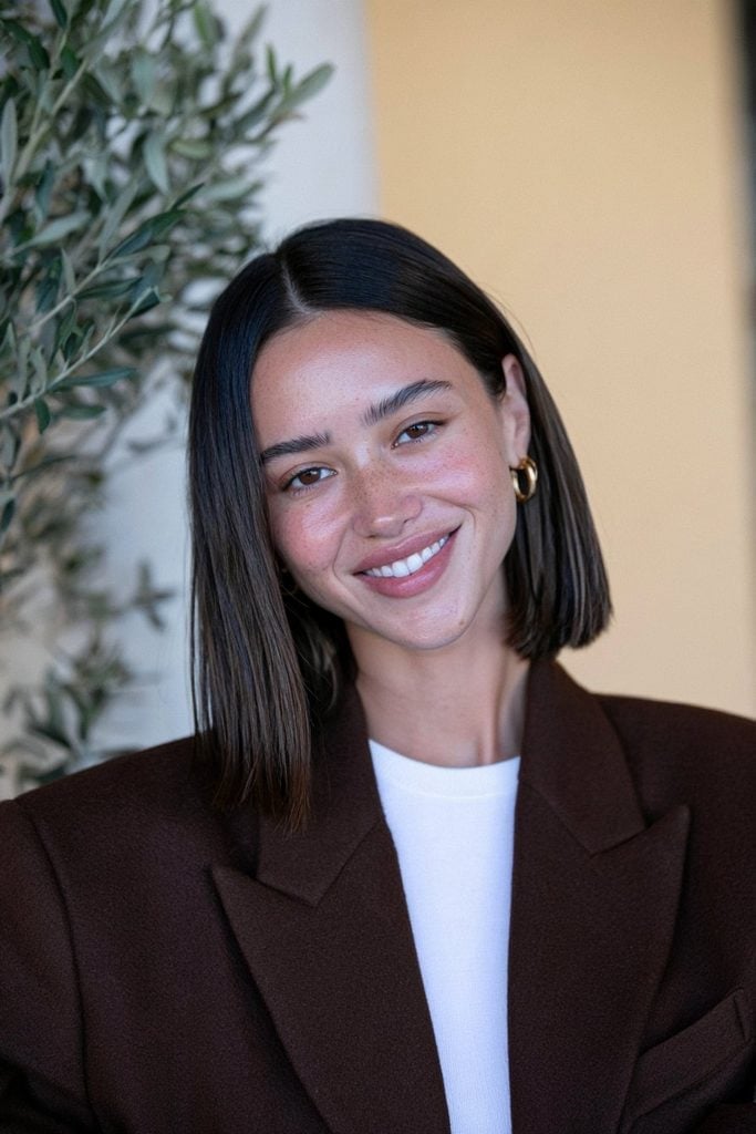 Sleek Chin Length Blunt Bob — Trendy Rich Brunette