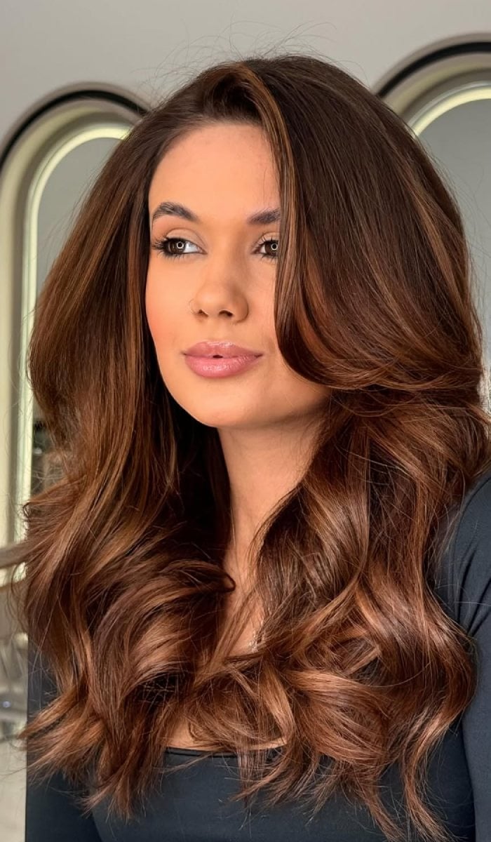 Mid-Back Chocolate With Caramel Balayage — Trendy Rich Brunette
