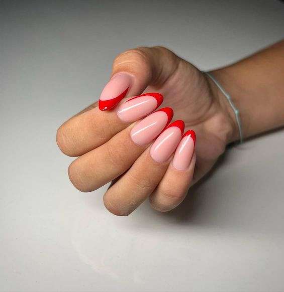 Sheer Pink Bright Red French Medium Round Nails — Trendy Round Nails
