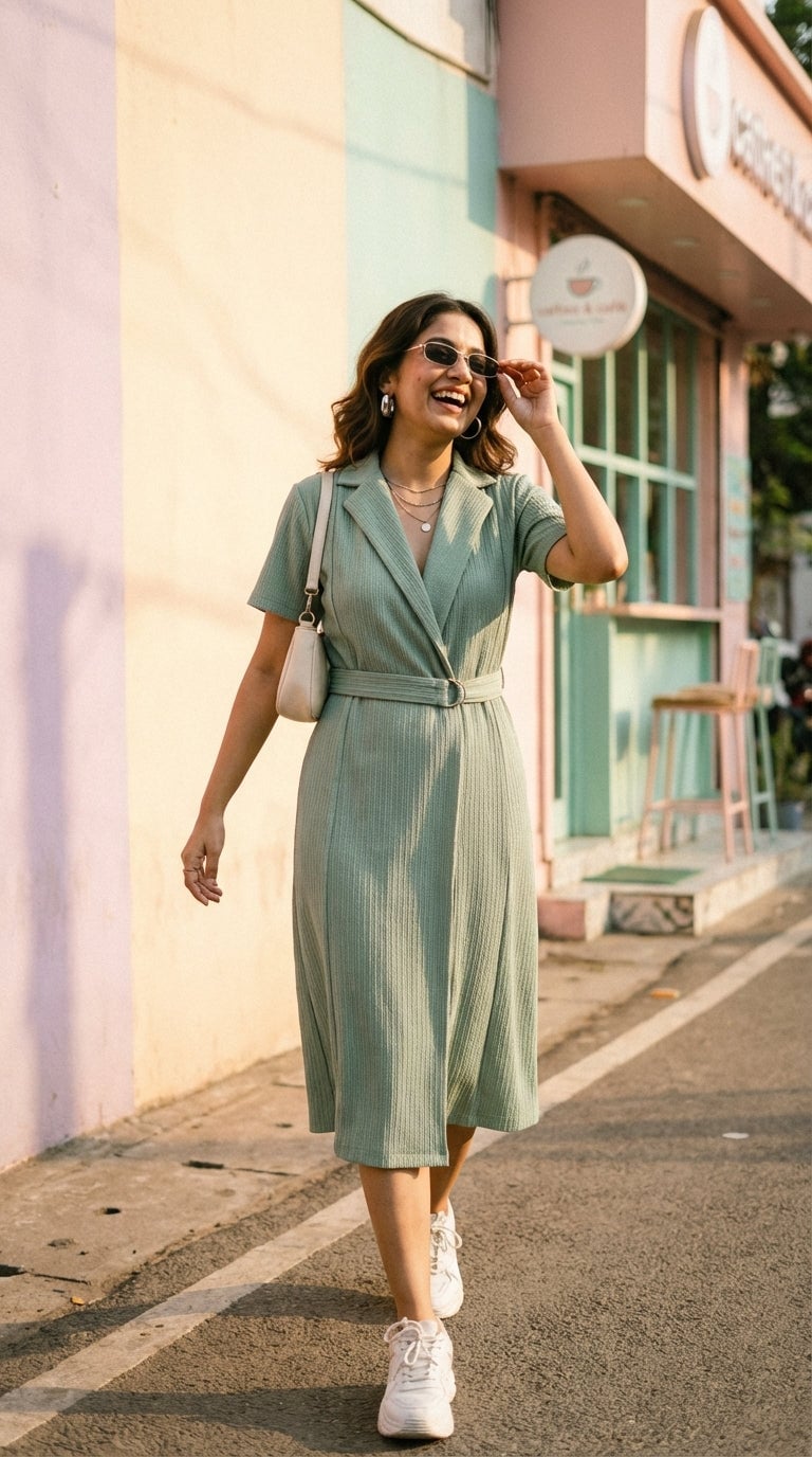 Sage Green Ribbed Knit Belted Midi Dress With White Sneakers Sage Green Ribbed Knit Belted Midi Dress With White Sneakers — Trendy Sage Green Dress