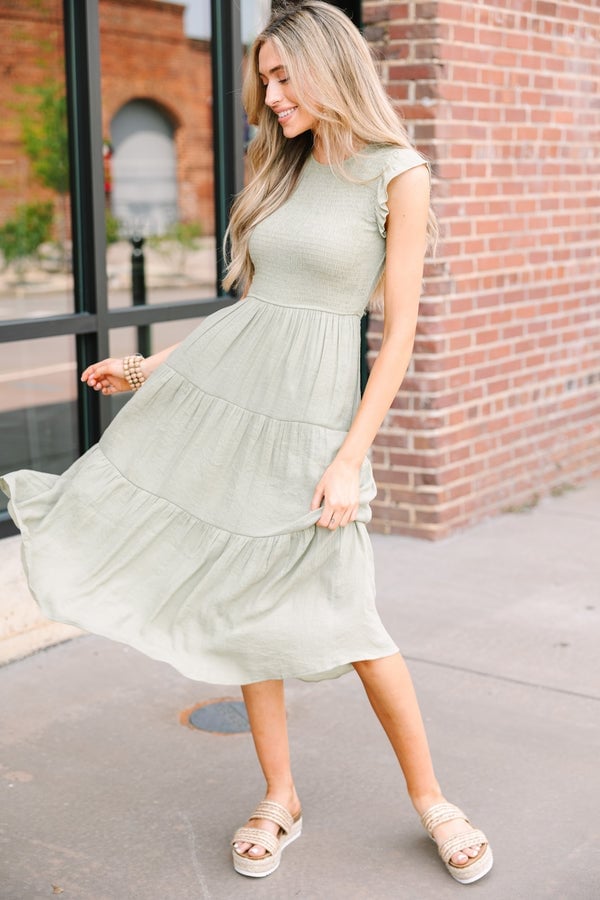 Sage Green Smocked Tiered Midi Dress Sage Green Smocked Tiered Midi Dress — Trendy Sage Green Dress