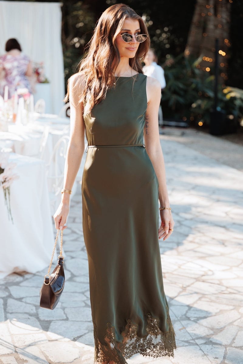 Olive Green Satin Maxi Dress with Lace Trim Olive Green Satin Maxi Dress with Lace Trim — Trendy Sage Green Dress