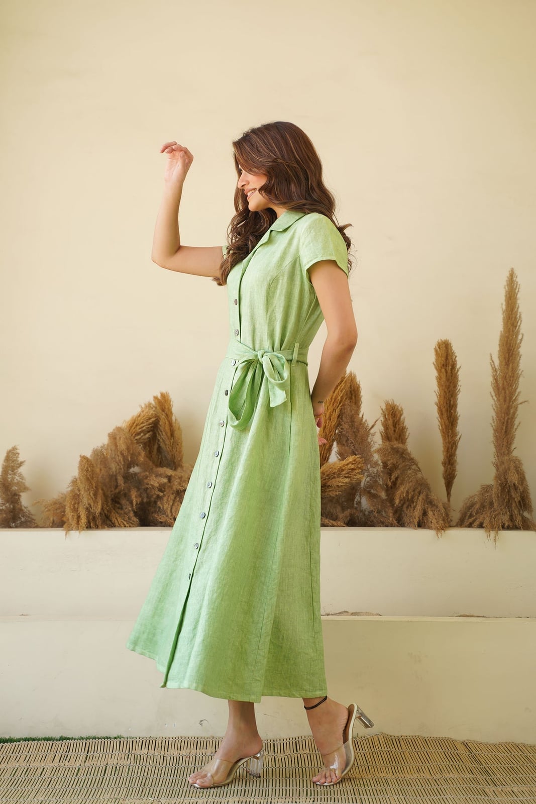 Light Green Linen Belted Fit and Flare Dress Light Green Linen Belted Fit and Flare Dress — Trendy Sage Green Dress