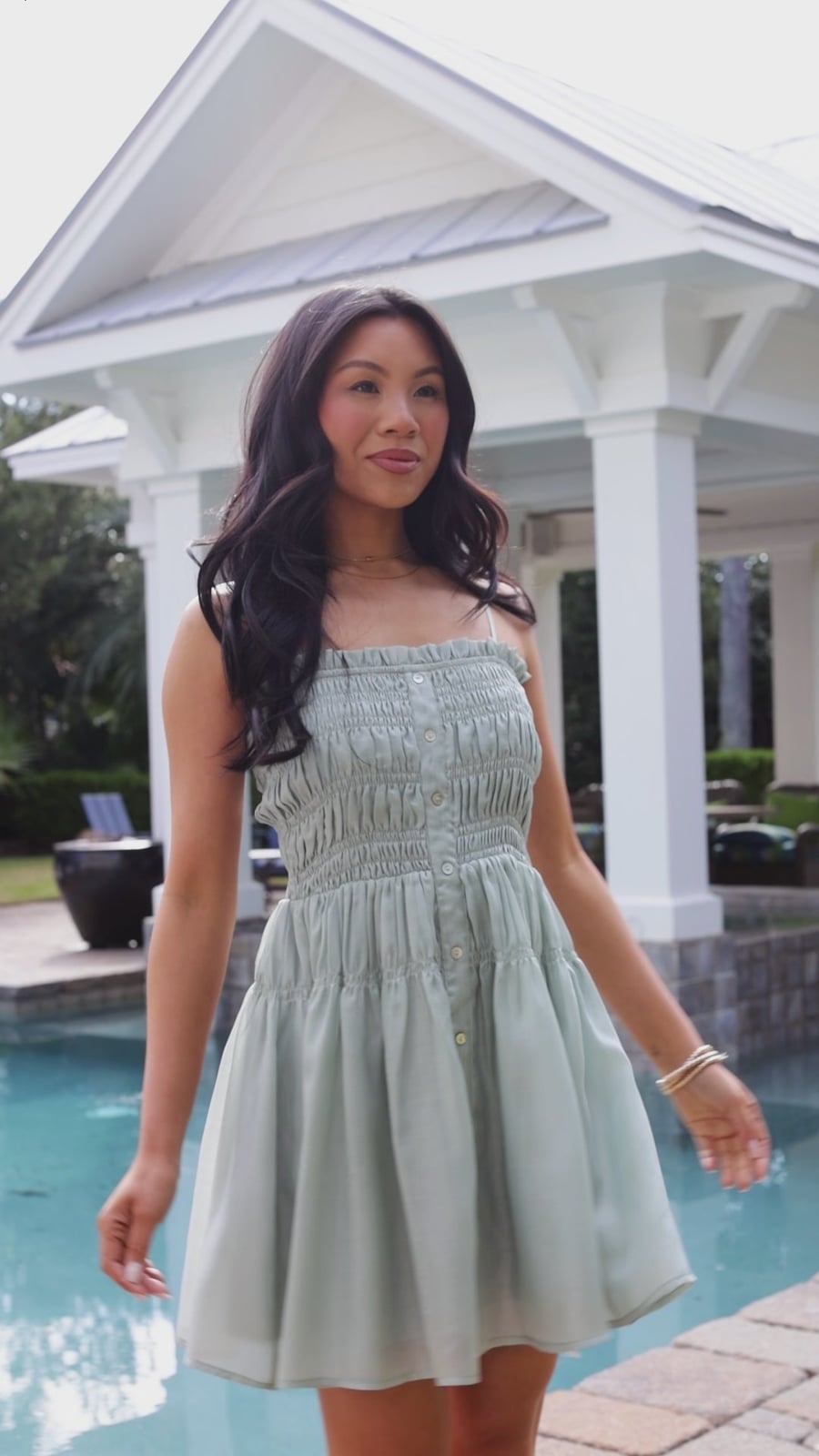 Sage Green Smocked Button-Front Mini Dress Sage Green Smocked Button-Front Mini Dress — Trendy Sage Green Dress