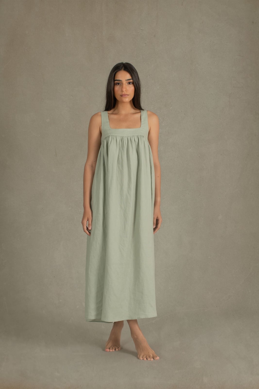 Sage Green Satin A-Line Dress with Square Neck Sage Green Satin A-Line Dress with Square Neck — Trendy Sage Green Dress
