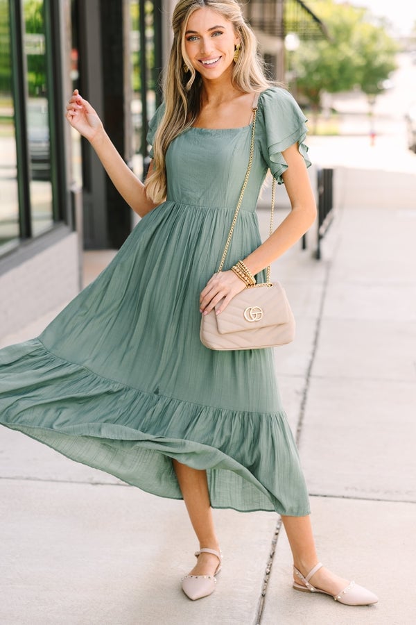 Sage Green Gauze Midi Dress with Smocked Bodice Sage Green Gauze Midi Dress with Smocked Bodice — Trendy Sage Green Dress