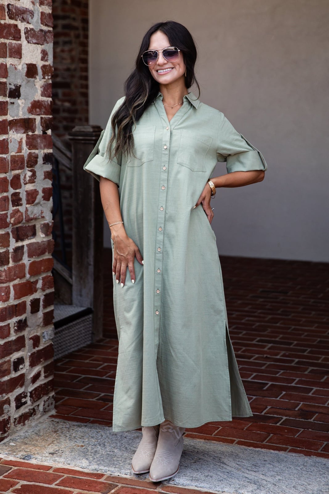 Sage Green Linen-Like Button-Up Shirt Dress Sage Green Linen-Like Button-Up Shirt Dress — Trendy Sage Green Dress