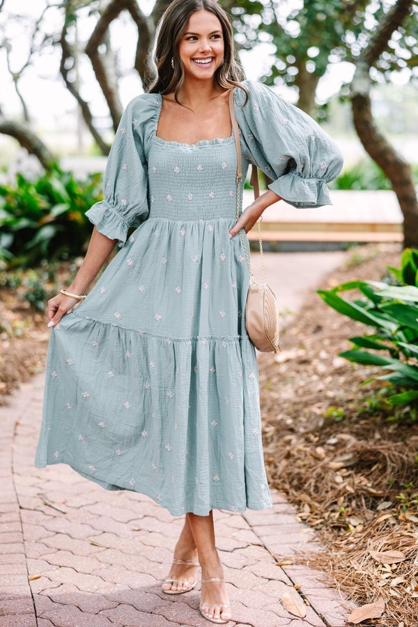 Sage Green Embroidered Tiered Midi Dress Sage Green Embroidered Tiered Midi Dress — Trendy Sage Green Dress