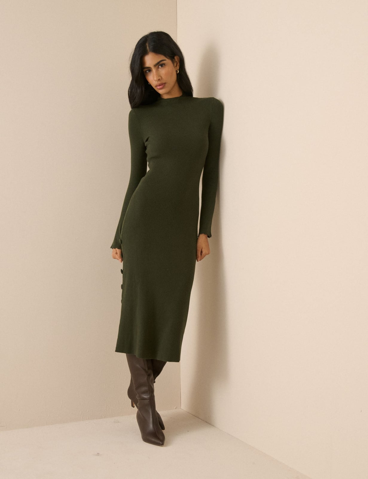 Olive Green Ribbed Knit Mock Neck Midi Dress Olive Green Ribbed Knit Mock Neck Midi Dress — Trendy Sage Green Dress