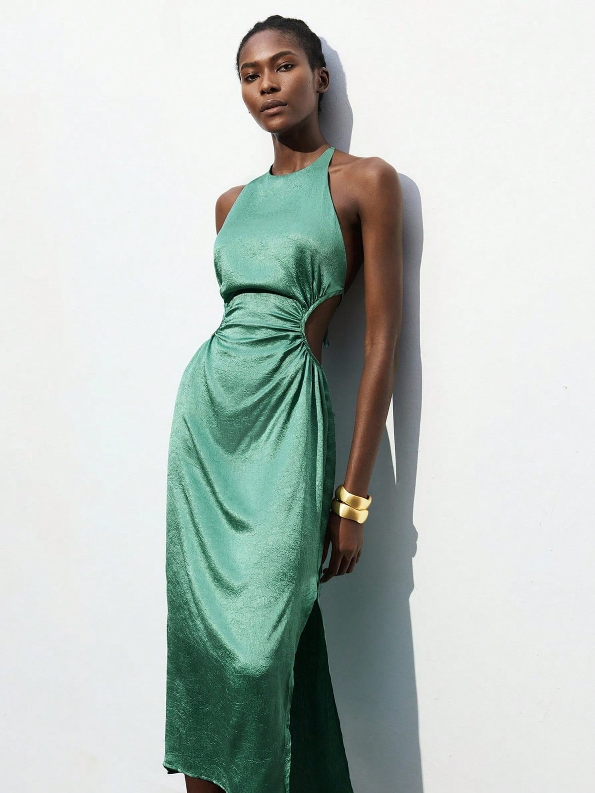 Sage Green Satin Halter Dress with Cut-Outs and Gold Cuff Bracelet Sage Green Satin Halter Dress with Cut-Outs and Gold Cuff Bracelet — Trendy Sage Green Dress