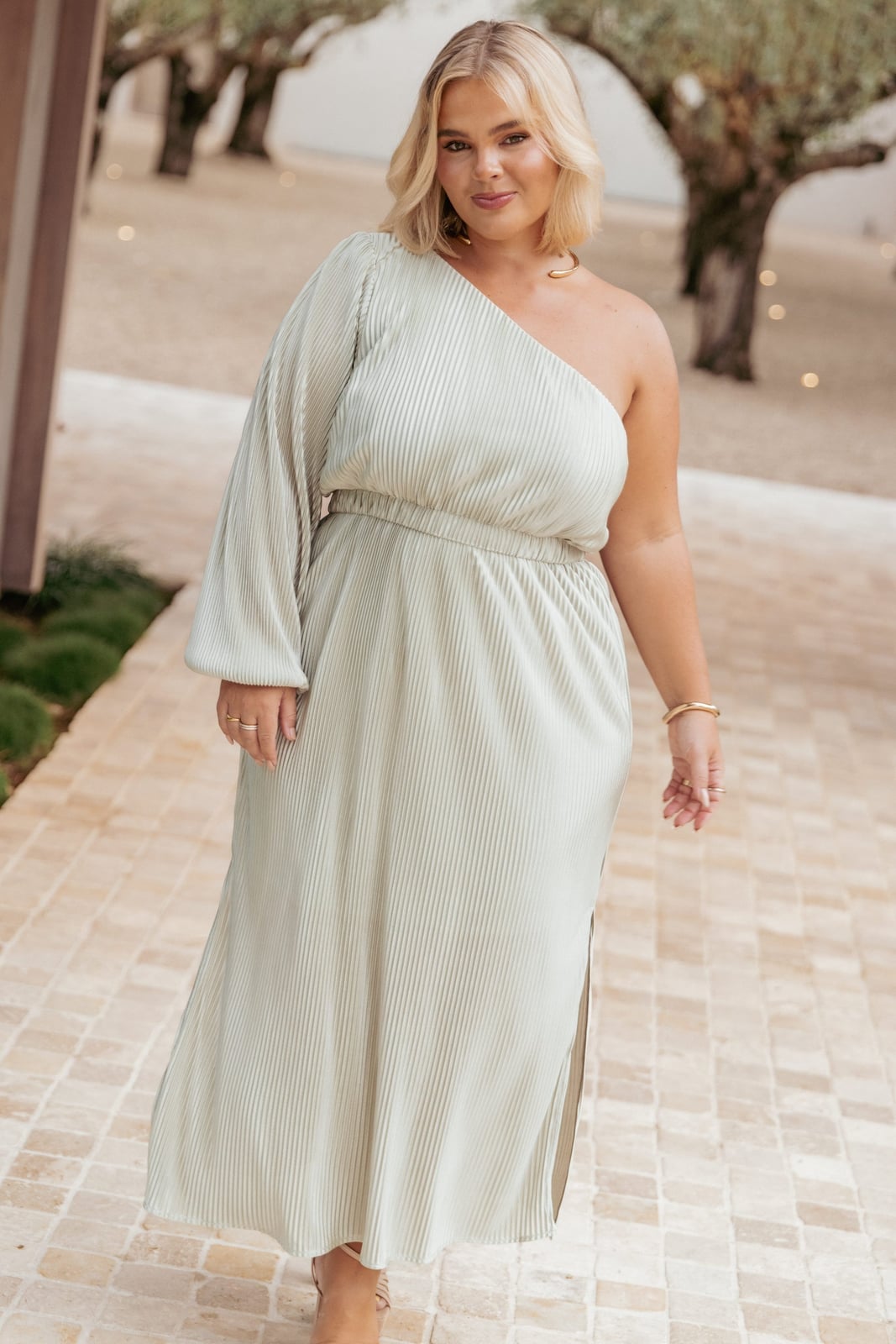 Sage Green Pleated One-Sleeve Midi Dress Sage Green Pleated One-Sleeve Midi Dress — Trendy Sage Green Dress