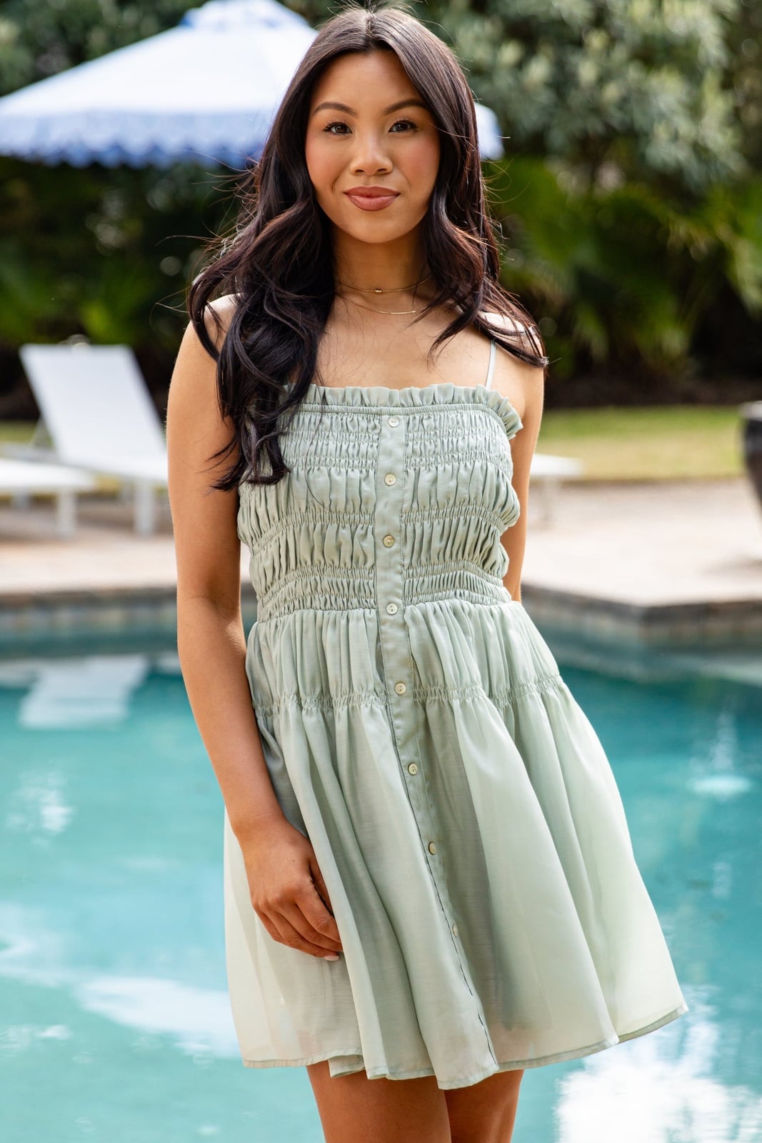Sage Green Smocked Spaghetti Strap Mini Dress, Close-Up Take Sage Green Smocked Spaghetti Strap Mini Dress, Close-Up Take — Trendy Sage Green Dress