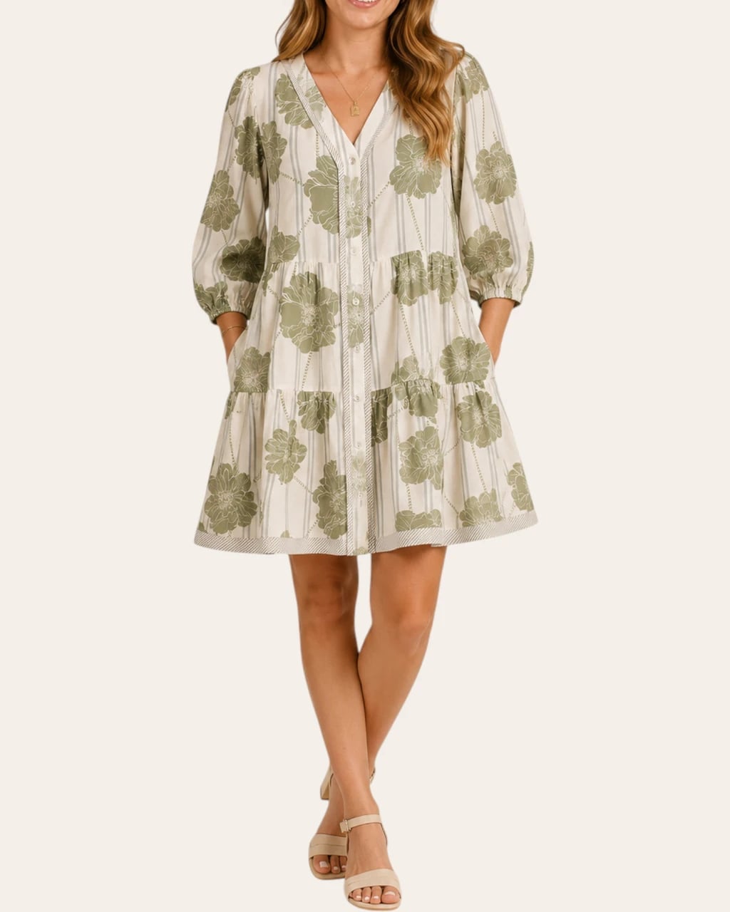 Cream Mini Dress with Green Botanical Print and Strappy Sandals Cream Mini Dress with Green Botanical Print and Strappy Sandals — Trendy Sage Green Dress