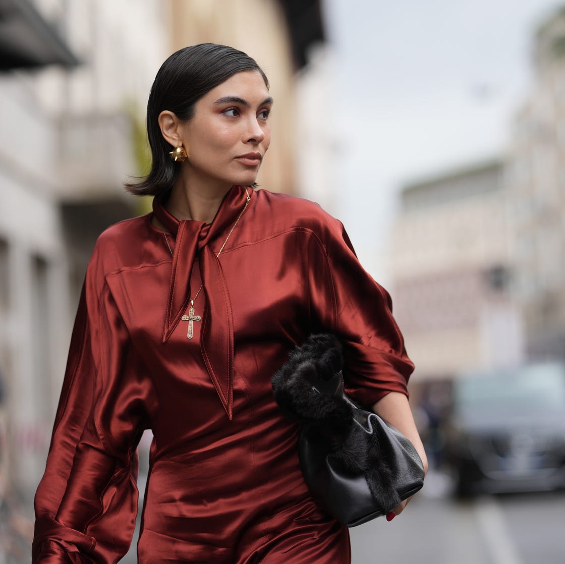 Voluminous Sleeve Rust Satin Top with Tie Neck — Trendy Satin Top Outfits
