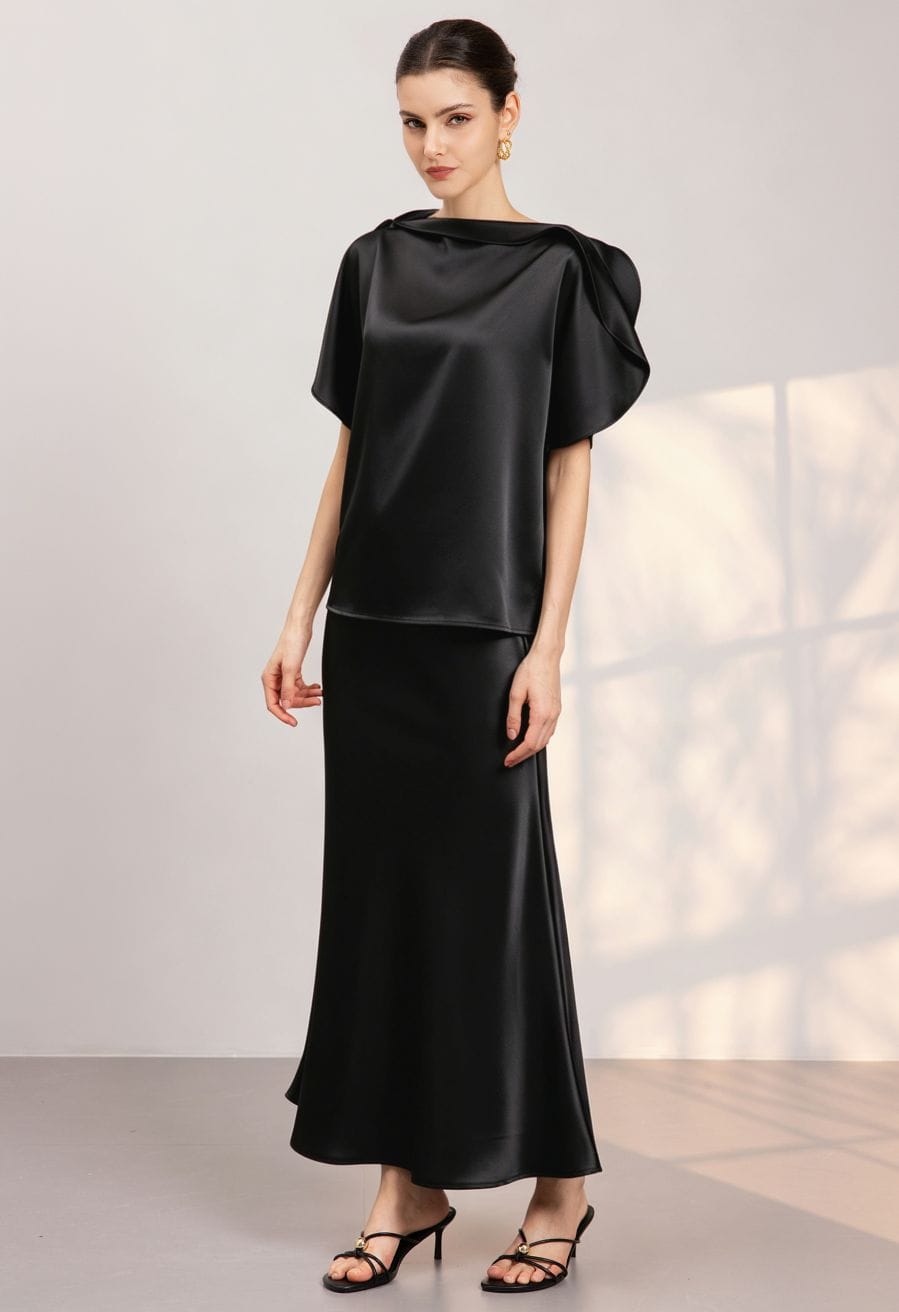 Black Satin Draped Top with Asymmetrical Neckline — Trendy Satin Top Outfits