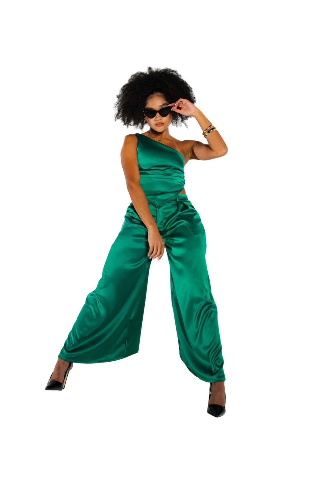 Emerald Green Satin One-Shoulder Top with Cut-Out — Trendy Satin Top Outfits