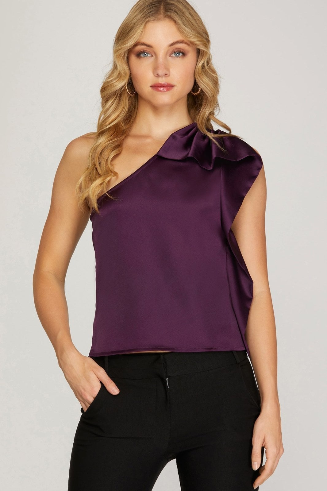 Purple Satin One-Shoulder Top with Ruffle Detail — Trendy Satin Top Outfits