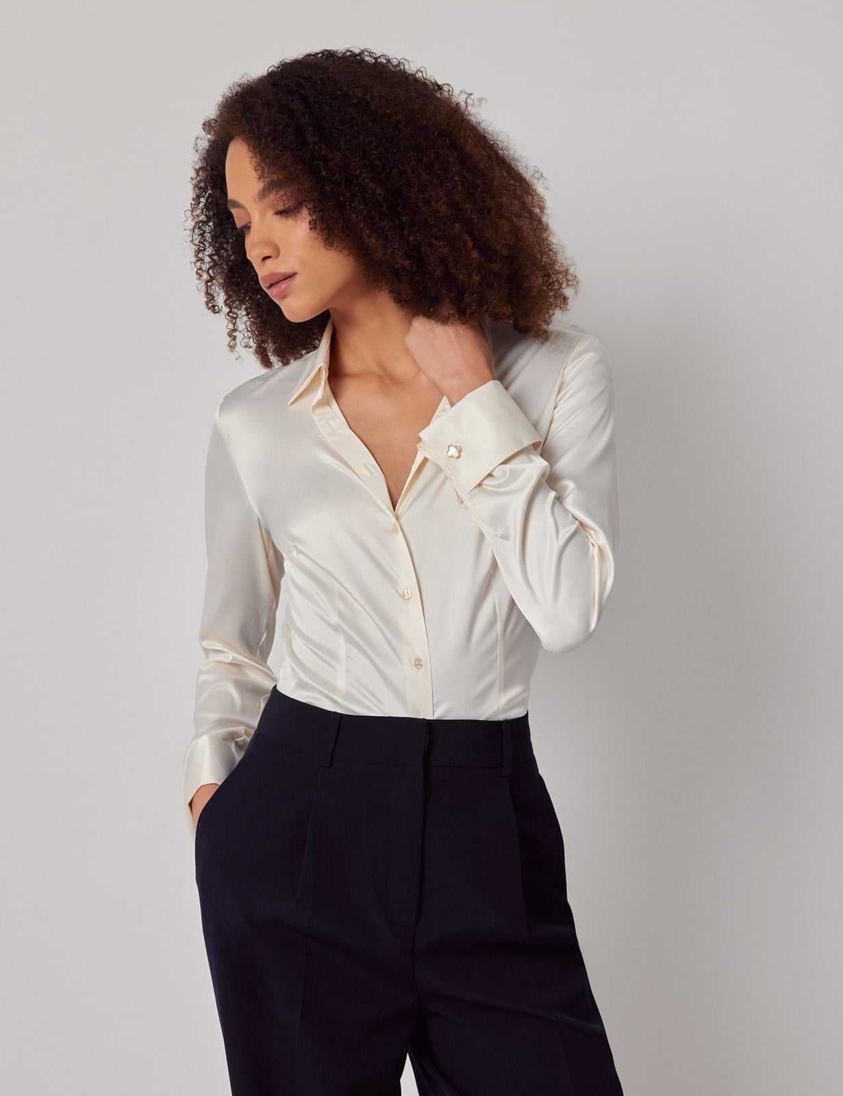 Cream Satin Shirt with French Cuffs — Trendy Satin Top Outfits