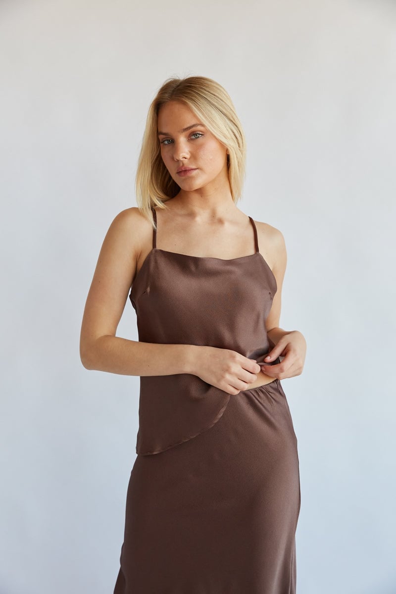 Brown Satin Tank Top with Spaghetti Straps — Trendy Satin Top Outfits