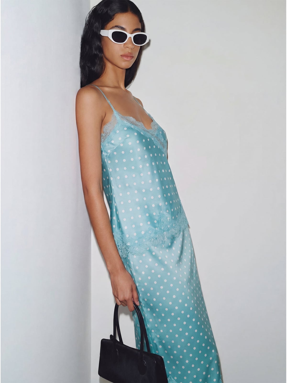 Blue Satin Cami Top with Polka Dot Print — Trendy Satin Top Outfits