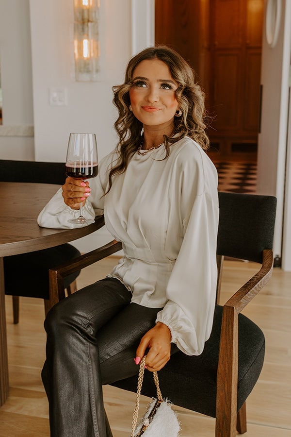 Cream Satin Blouse with Gathered Details — Trendy Satin Top Outfits