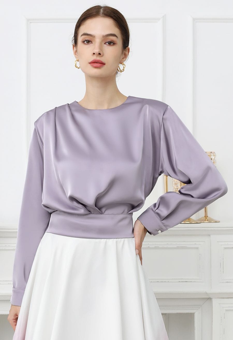 Lilac Satin Top with Draped Front and Cinched Waist — Trendy Satin Top Outfits