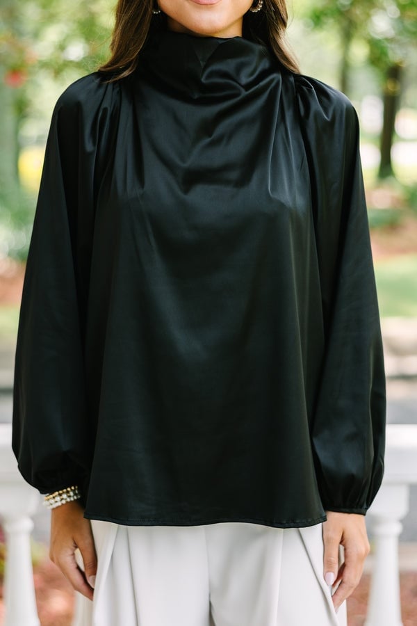 Black Satin Top with Draped Neckline and Balloon Sleeves — Trendy Satin Top Outfits