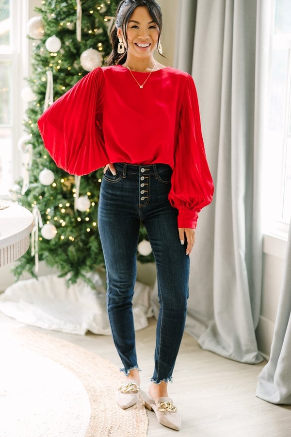 Red Satin Blouse with Voluminous Pleated Sleeves — Trendy Satin Top Outfits