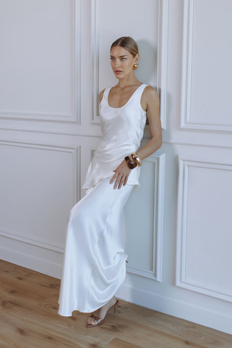 White Satin Tank Top with Flowing Layered Hem — Trendy Satin Top Outfits