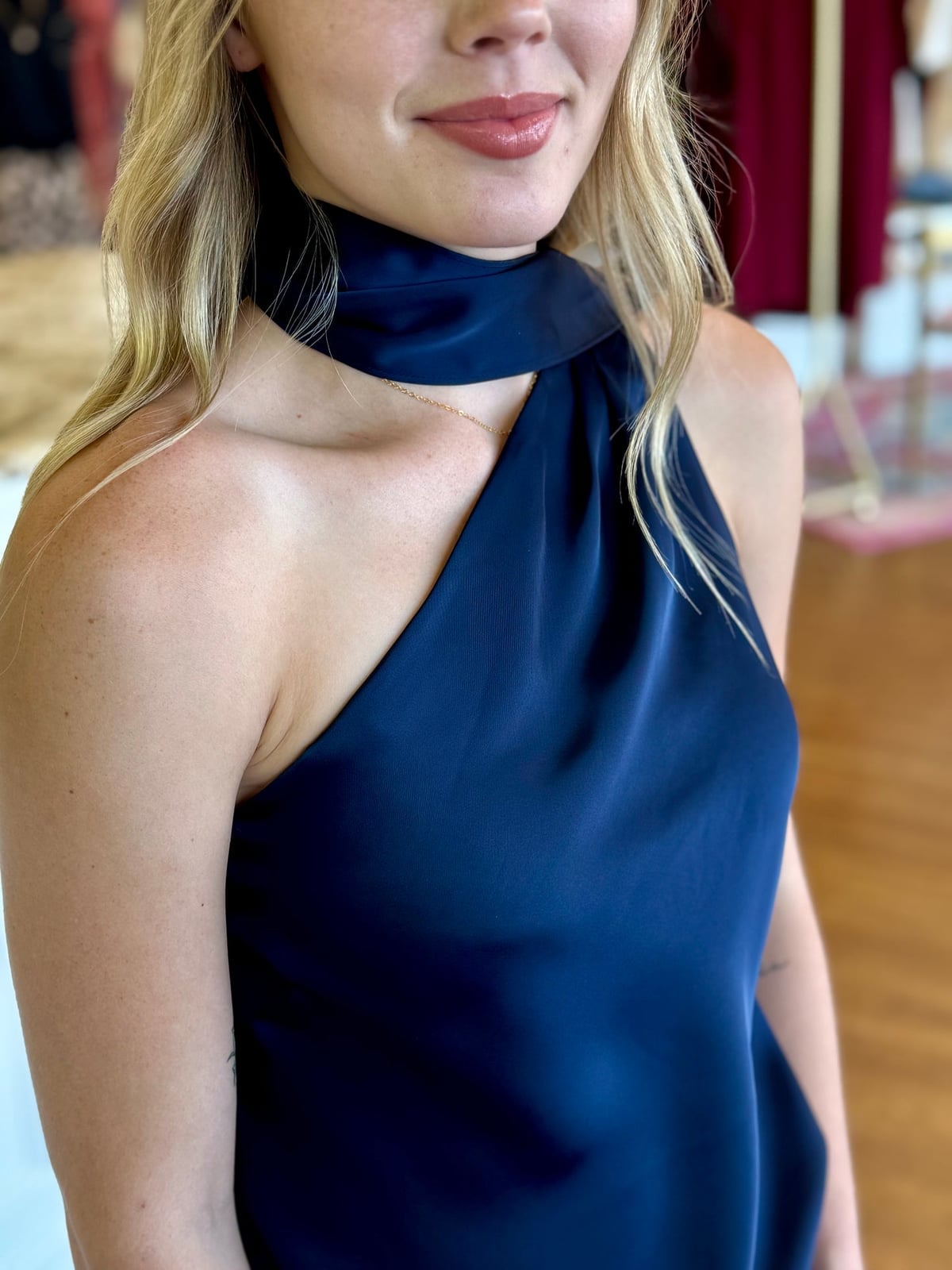 Navy Satin Top with One-Shoulder and Scarf Neck — Trendy Satin Top Outfits