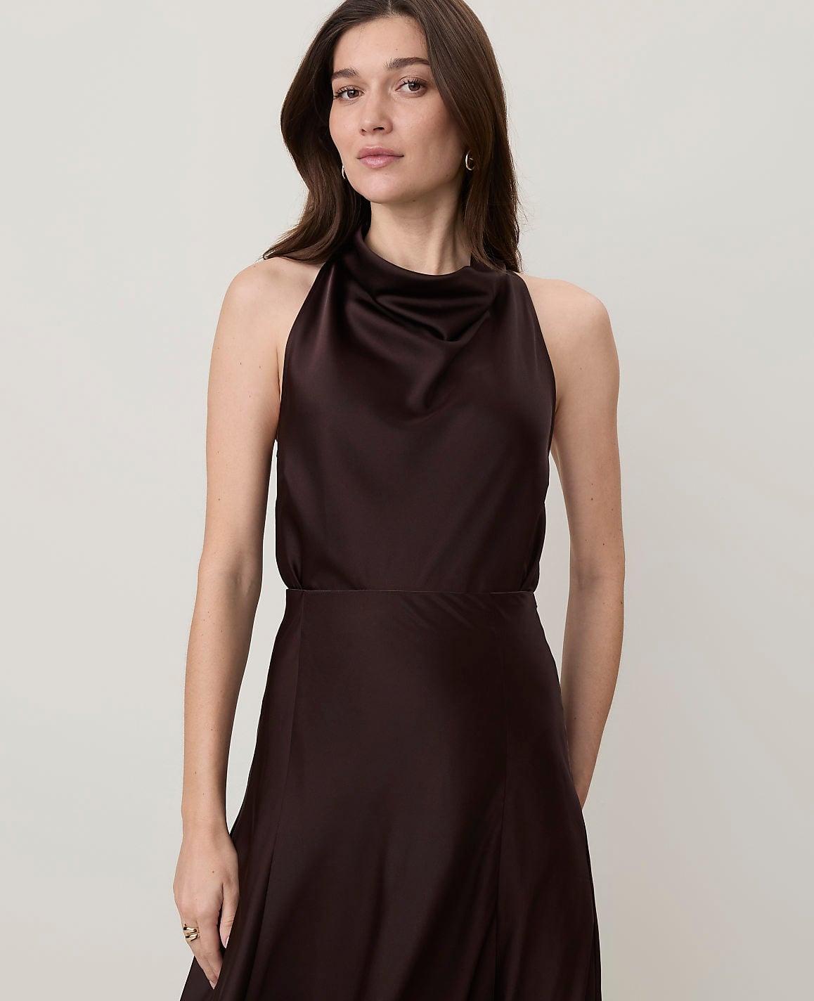 Dark Brown Satin Halter Top with Cowl Neckline — Trendy Satin Top Outfits