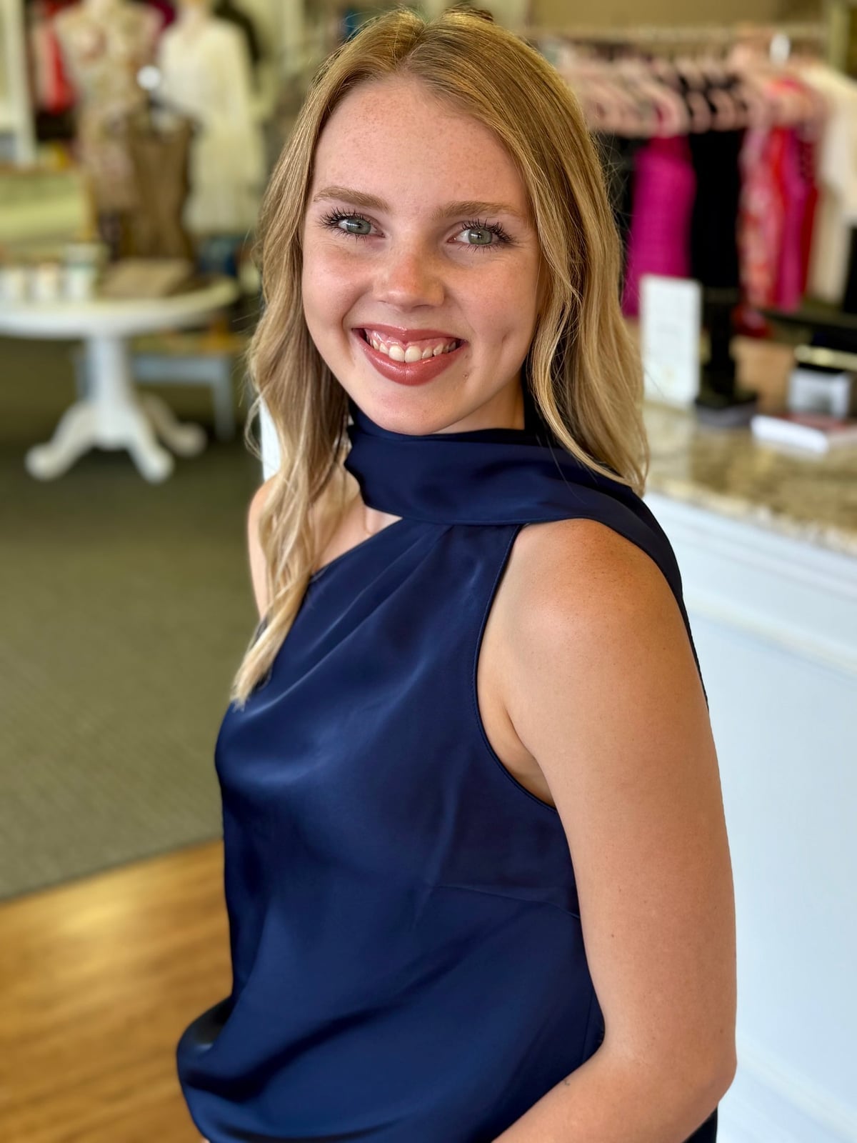 Navy Satin Asymmetrical Neckline Top with Cut-Out — Trendy Satin Top Outfits