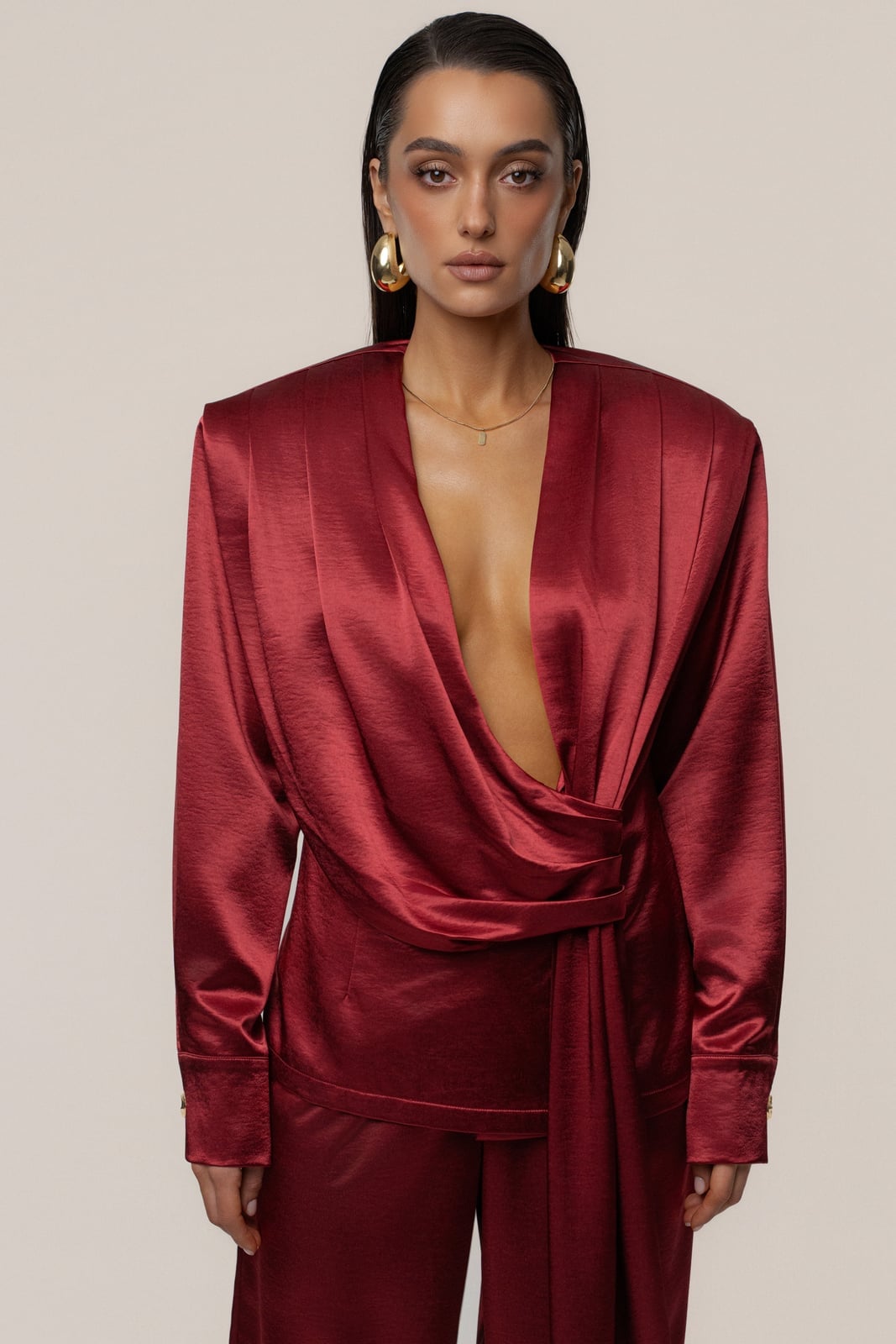 Burgundy Satin Top with Deep Plunging Neckline — Trendy Satin Top Outfits