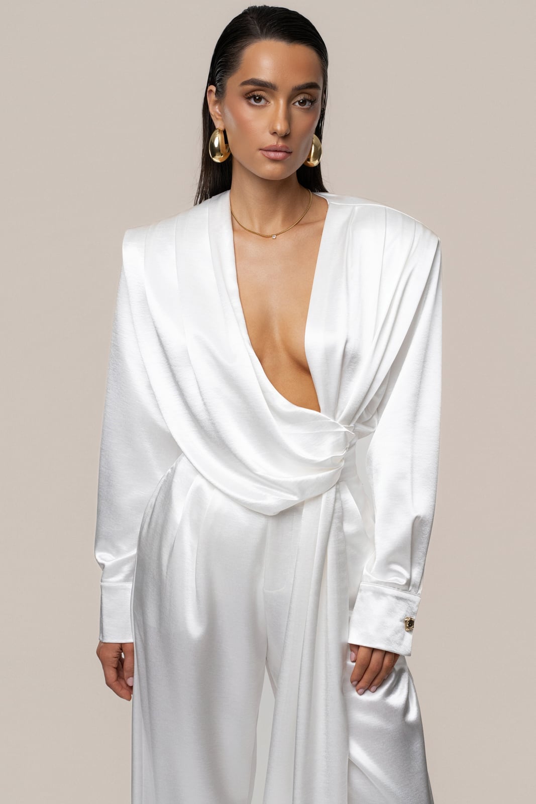 White Satin Top with Oversized Shoulders — Trendy Satin Top Outfits