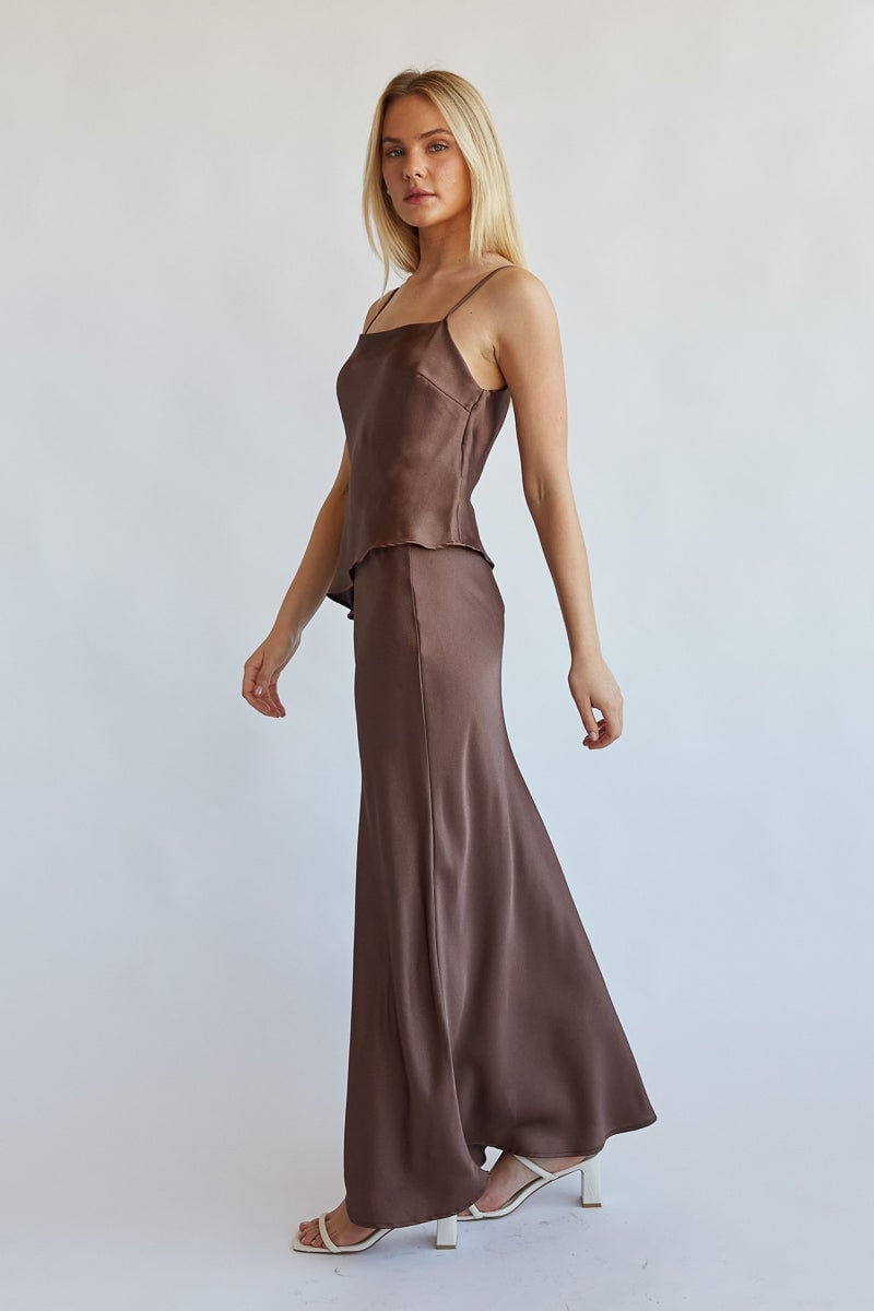 Brown Satin Camisole Top with A-Line Skirt — Trendy Satin Top Outfits