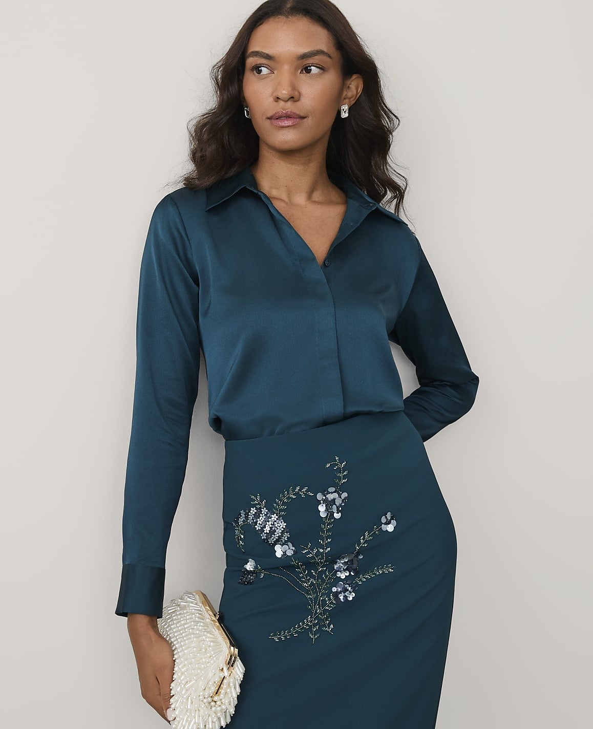 Teal Satin Shirt with Embroidered Pencil Skirt — Trendy Satin Top Outfits