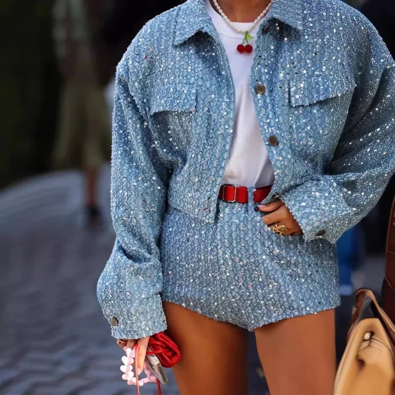 Spring Summer Trendy Women's Denim Sequin Jacket Short Outerwear + Shorts Casual Fashion Set Long Sleeve Street Style Workwear - Nihaojewelry