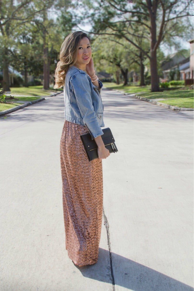 Rose Gold Sequin Maxi Skirt with Denim Jacket Rose Gold Sequin Maxi Skirt with Denim Jacket — Trendy Sequin Outfits