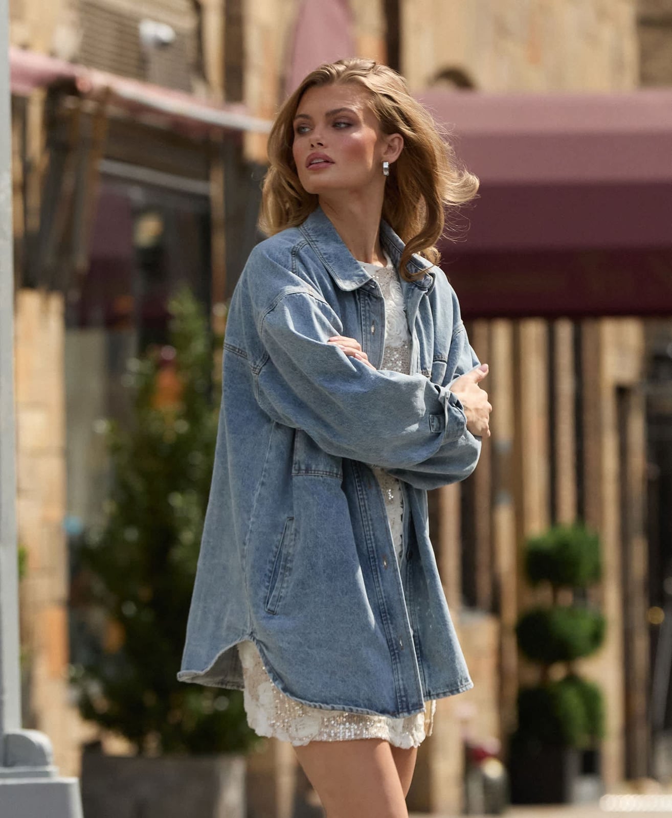 Sequin Mini Dress Under Denim Shirt Sequin Mini Dress Under Denim Shirt — Trendy Sequin Outfits
