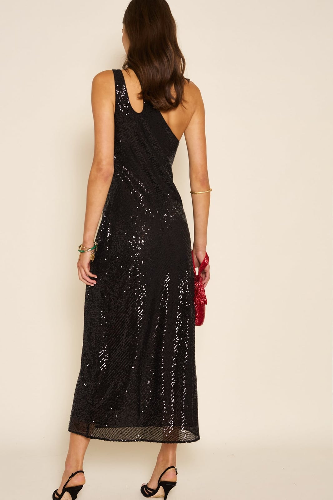 Black One-Shoulder Sequin Midi Dress with Cutout Black One-Shoulder Sequin Midi Dress with Cutout — Trendy Sequin Outfits