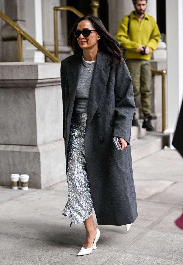 Silver Sequin Midi Skirt with Gray Crew Neck Sweater Silver Sequin Midi Skirt with Gray Crew Neck Sweater — Trendy Sequin Skirt Outfit