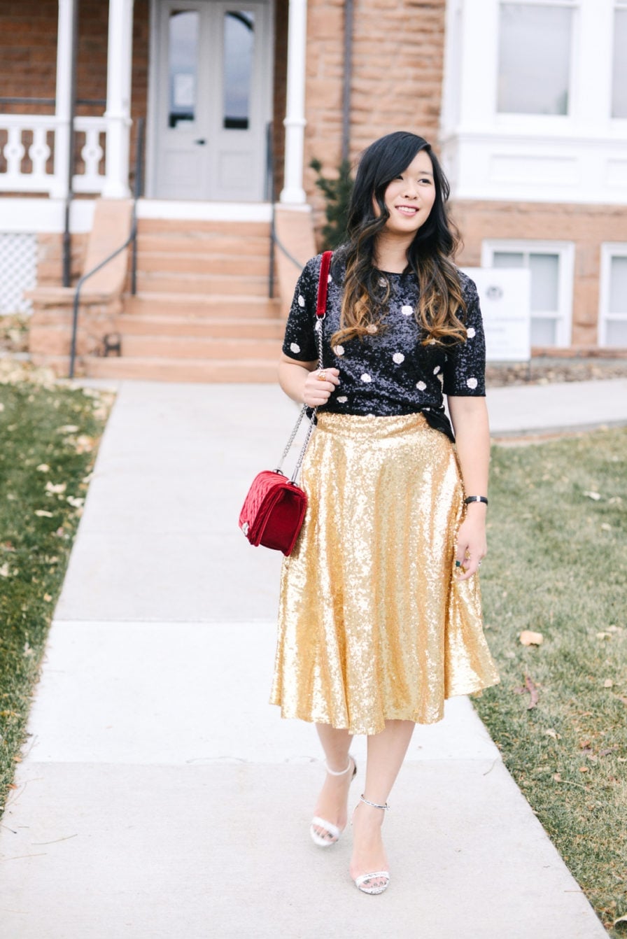 Gold Sequin A-line Midi Skirt with Polka Dot Top Gold Sequin A-line Midi Skirt with Polka Dot Top — Trendy Sequin Skirt Outfit