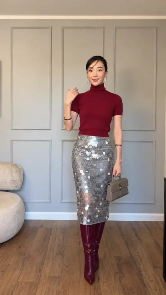Silver Sequin Midi Pencil Skirt with Burgundy Top Silver Sequin Midi Pencil Skirt with Burgundy Top — Trendy Sequin Skirt Outfit