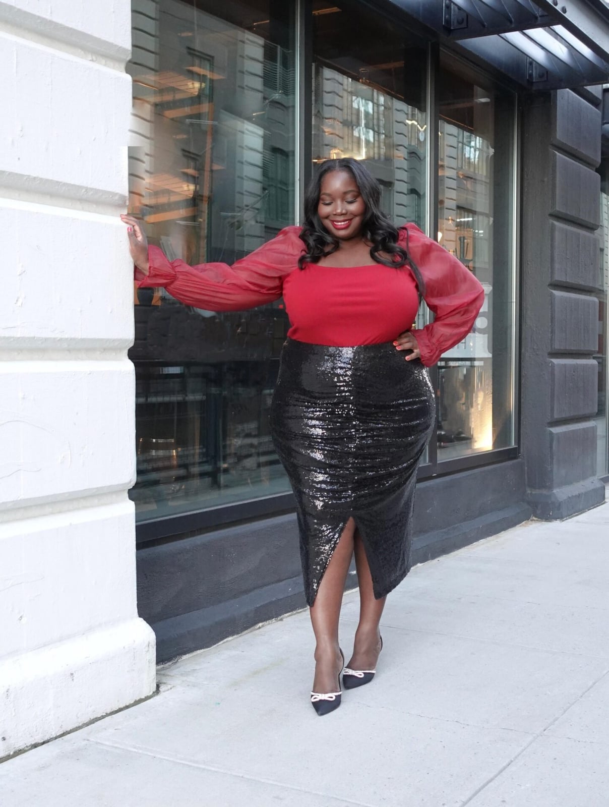 Black Sequin Pencil Skirt with Puff-Sleeve Top Black Sequin Pencil Skirt with Puff-Sleeve Top — Trendy Sequin Skirt Outfit