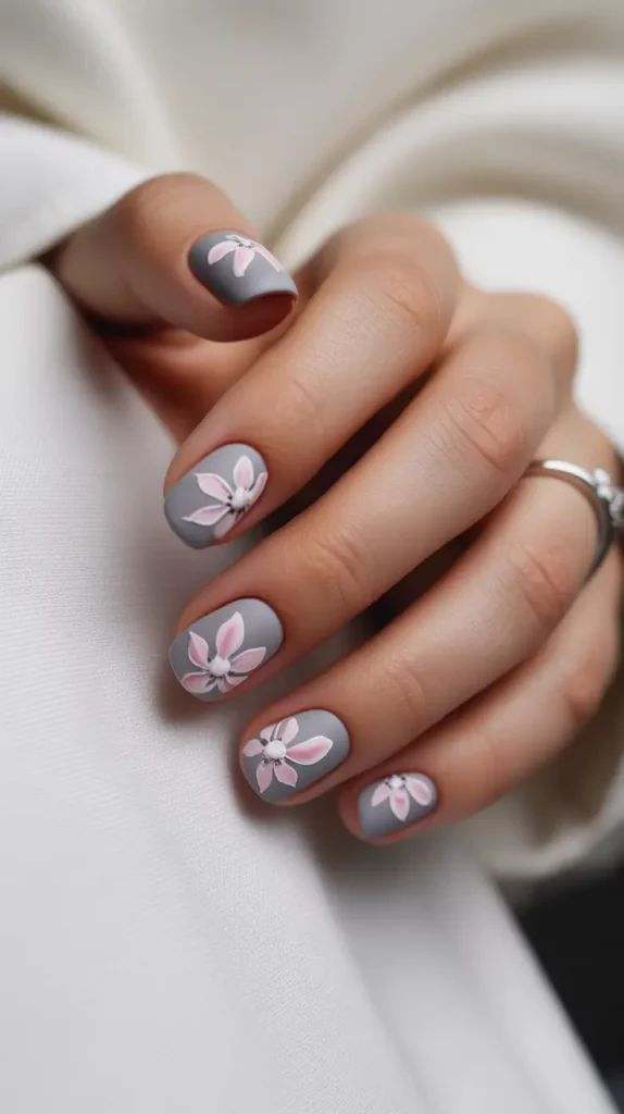 Short Square Matte Gray Floral Nails Short Square Matte Gray Floral Nails — Trendy Short Acrylic Nails