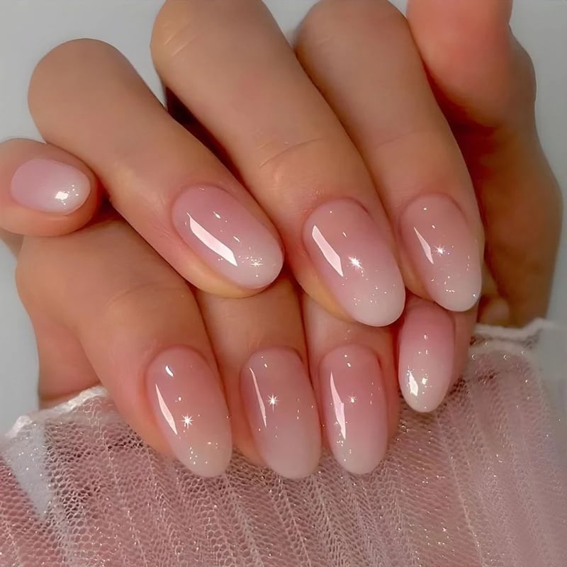 Short Oval Sheer Pink Milky Ombre Glitter Tips Nails Short Oval Sheer Pink Milky Ombre Glitter Tips Nails — Trendy Short Acrylic Nails